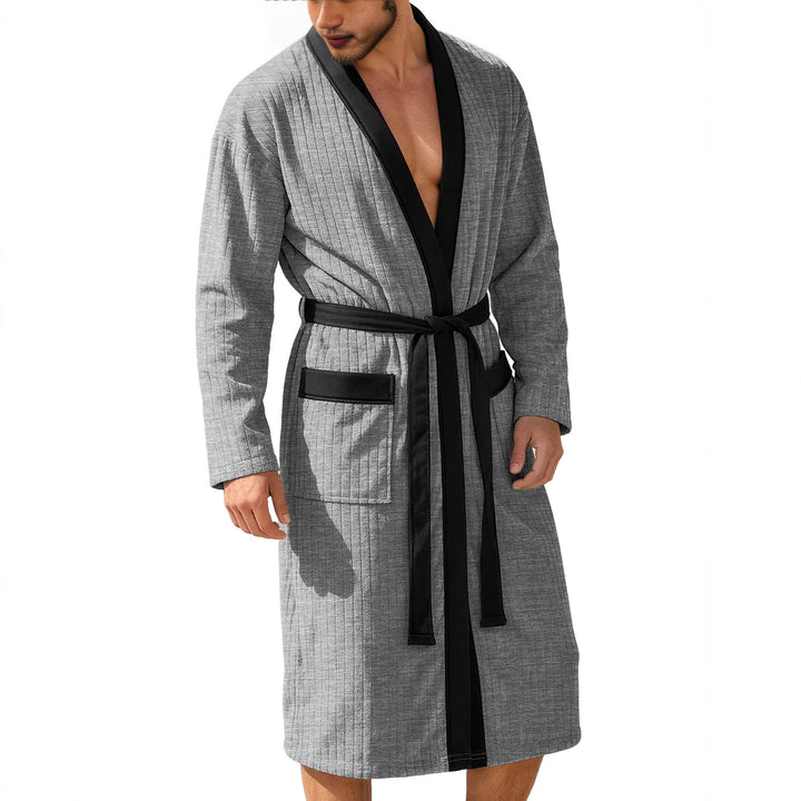 Men's knee-length ribbed kimono-style bathrobe with shawl collar and contrast piping StylebySassy