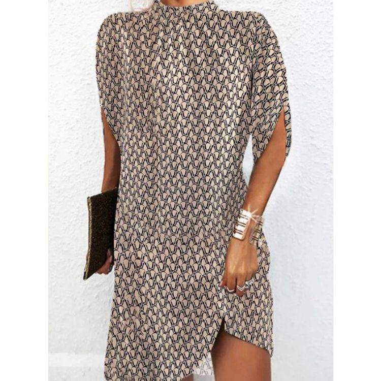 Women’s casual tunic mini dress with slit sleeves, small stand-up collar and side leg slit StylebySassy