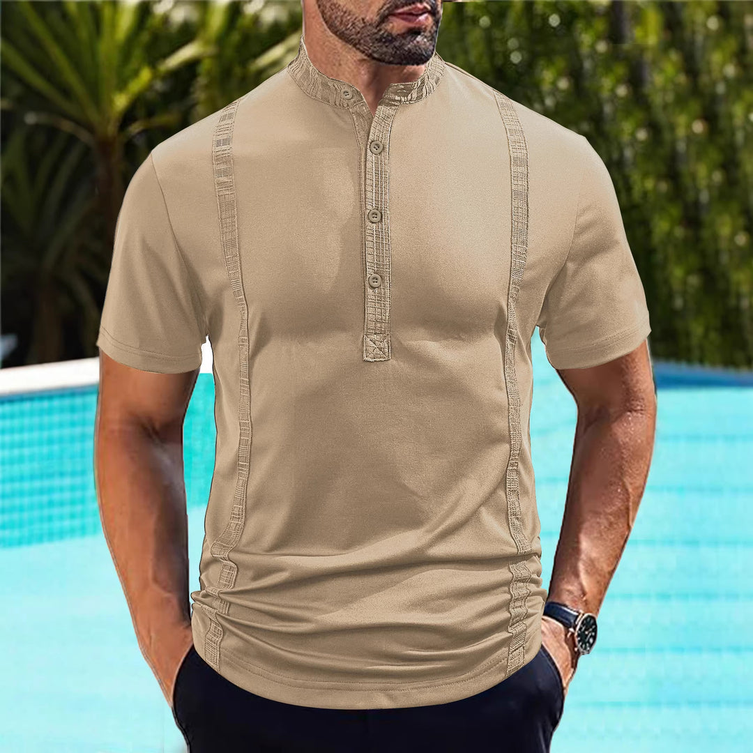 Men's short sleeve stand collar shirt with concealed button placket, decorative piping and fitted silhouette StylebySassy