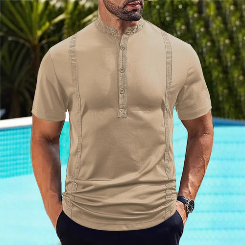 Men's short sleeve stand collar shirt with concealed button placket, decorative piping and fitted silhouette StylebySassy