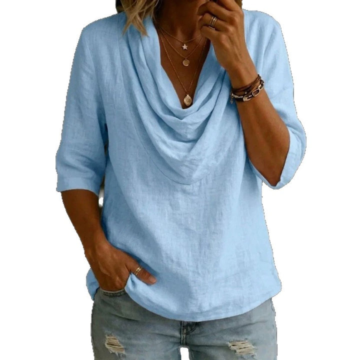 Women's airy linen blouse with draped waterfall collar, loose silhouette, and three-quarter sleeves StylebySassy