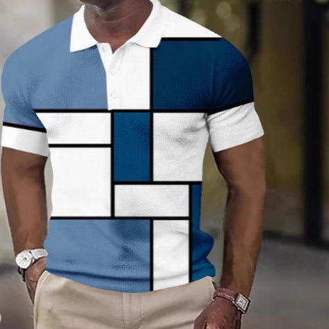Men's short-sleeved polo shirt with geometric block pattern and fine structured piqué StylebySassy