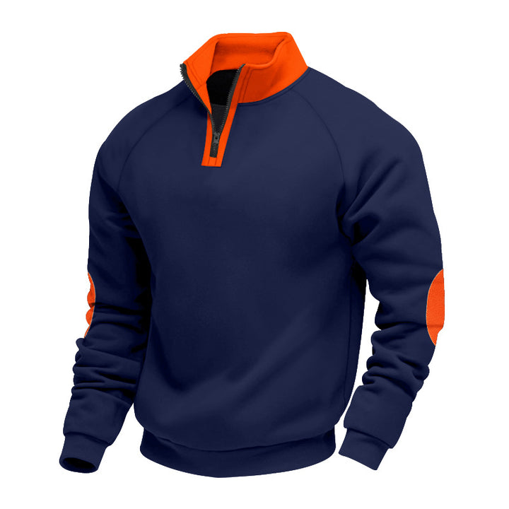 Men's half-zip fleece pullover with a high stand collar and contrasting elbow patches StylebySassy