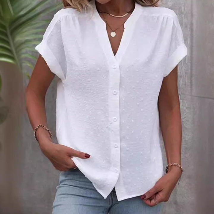 Ladies airy V-neck front button blouse with dobby dots and roll-up short sleeves StylebySassy