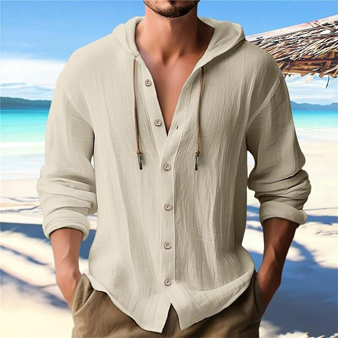 Men's casual hooded shirt with full button placket, drawstring, and lightweight linen look StylebySassy