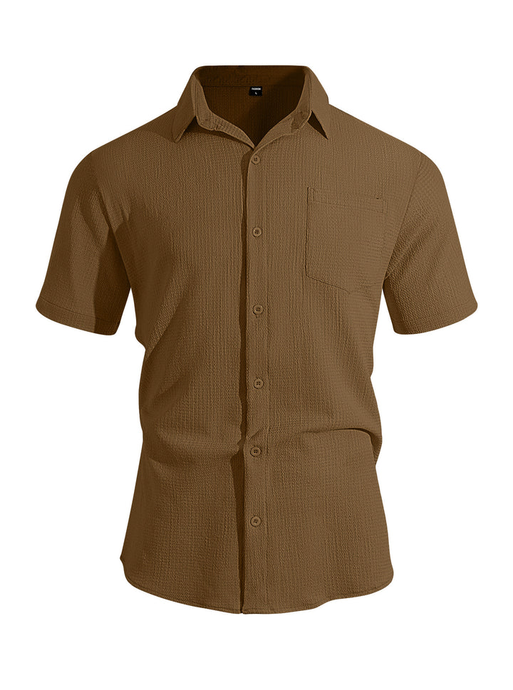 Men's short-sleeve shirt in textured cotton yarn look with Kent collar and applied breast pocket StylebySassy