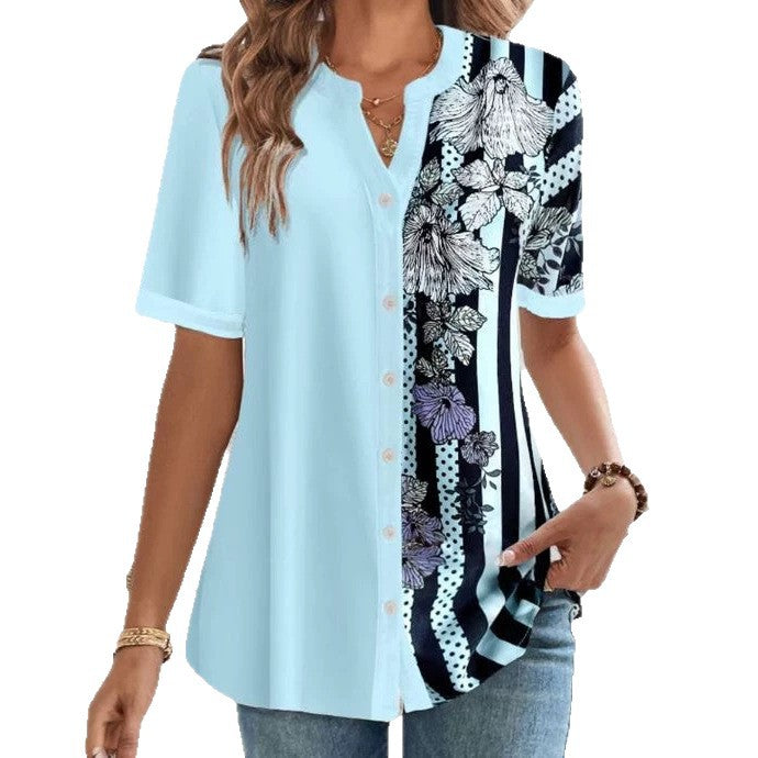 Women two-piece shirt blouse with asymmetrical pattern mix, button placket and loose hip length StylebySassy