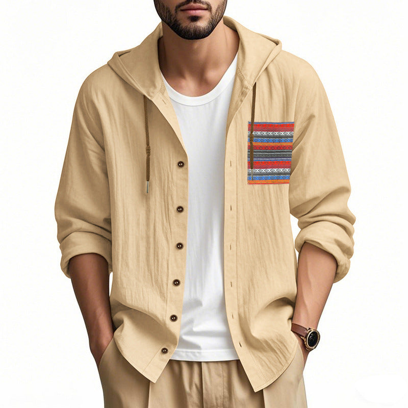 Men's lightweight hooded shirt jacket made of structured cotton blend with ethnic chest pocket and button placket StylebySassy