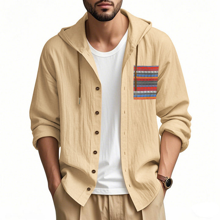 Men's lightweight hooded shirt jacket made of structured cotton blend with ethnic chest pocket and button placket StylebySassy