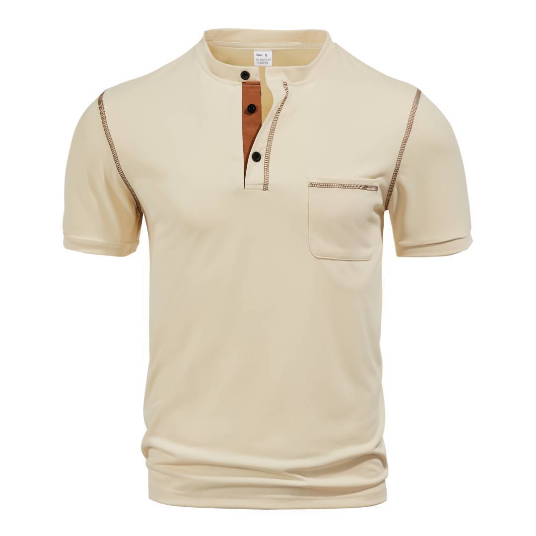 Men's short-sleeved Henley shirt with stand-up collar, chest pocket, and contrasting decorative stitching StylebySassy