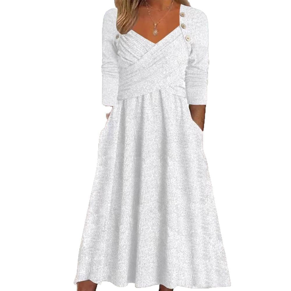 Women's knitted maxi dress with wrap top V-neck, side pockets and decorative button placket StylebySassy