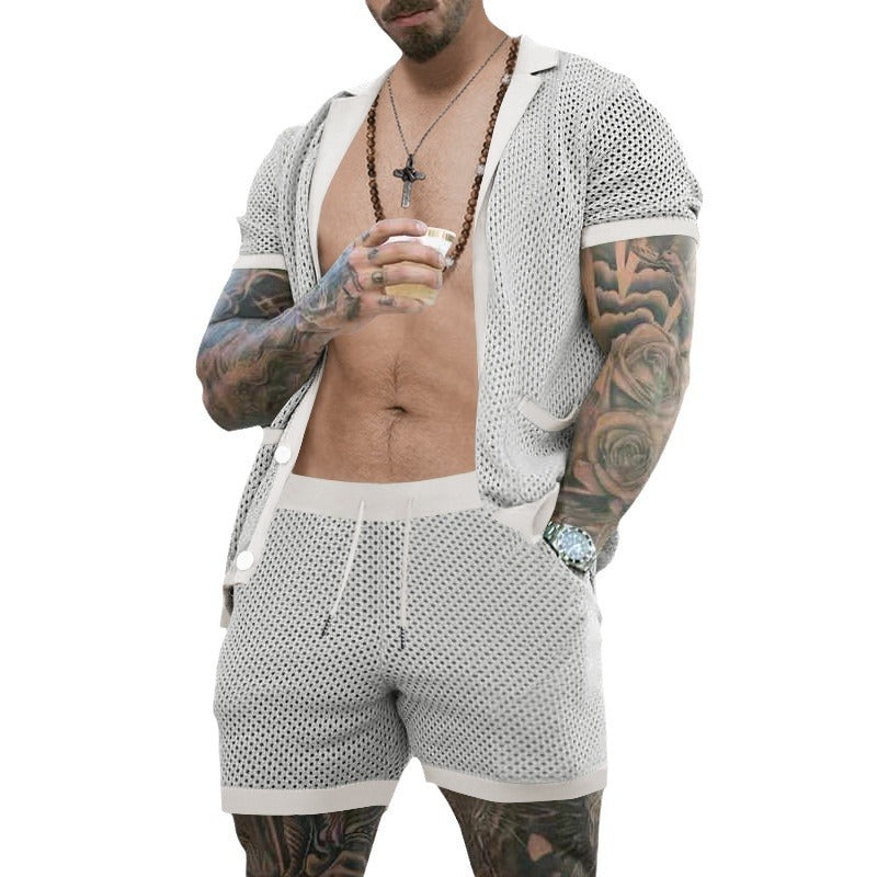 Men's open mesh knit cardigan with matching drawstring shorts StylebySassy