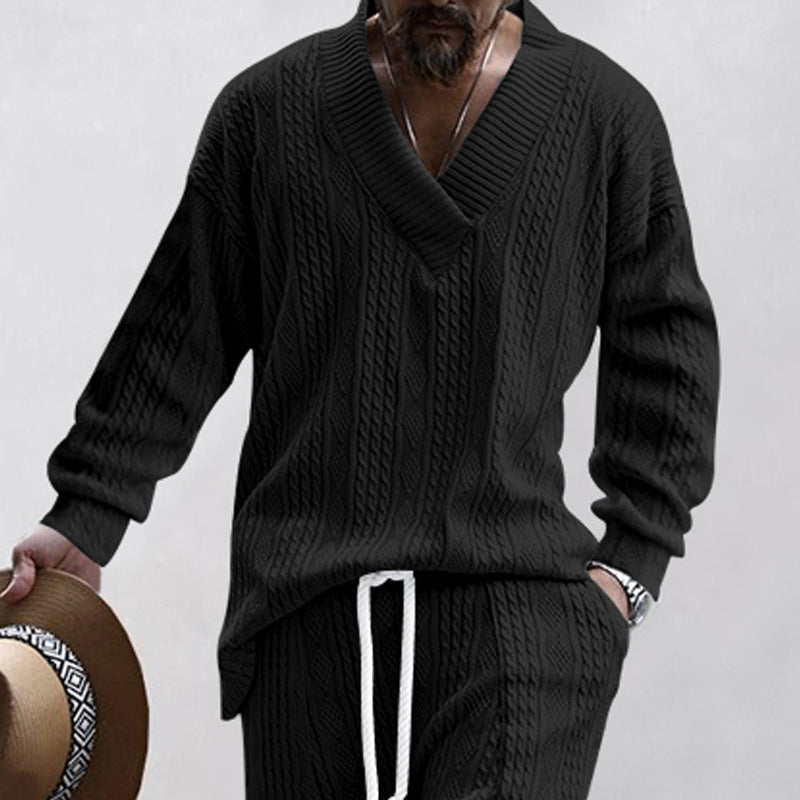 Men's cable knit set with deep V-neck and drawstring joggers StylebySassy