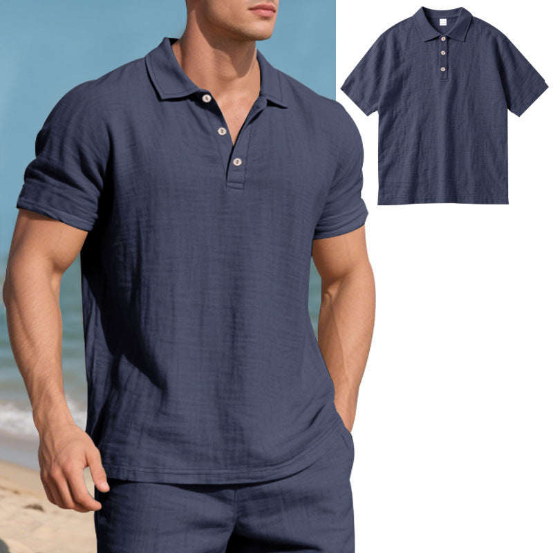 Men's breathable gauze polo shirt with open collar loose fit and button placket StylebySassy