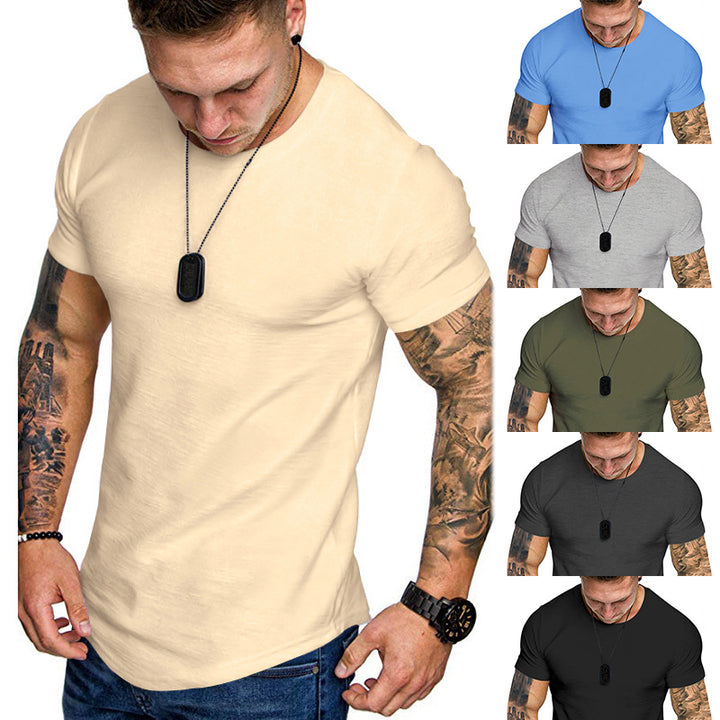 Men's figure-hugging round neck shirt with athletic cut elastic cotton-elastane mix and rounded hem StylebySassy
