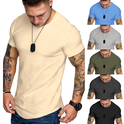 Men's figure-hugging round neck shirt with athletic cut elastic cotton-elastane mix and rounded hem StylebySassy
