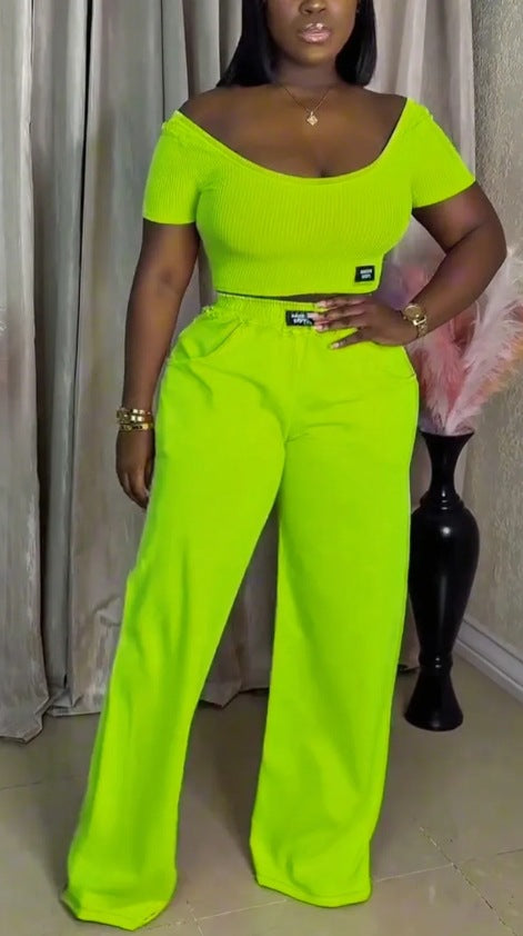 Women's off-the-shoulder ribbed crop top with wide-cut, high-waisted palazzo pants StylebySassy