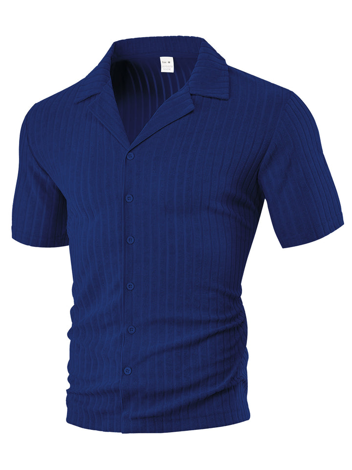 Men's fine ribbed short-sleeve knitted shirt with notch collar and full-button placket StylebySassy