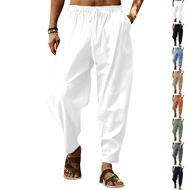Men's relaxed summer slouch pants made of linen blend with elastic waistband and tapered ankle cuffs StylebySassy