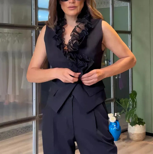 Women's sleeveless vest set with ruffled lace collar and high-cut pleated trousers in suit style StylebySassy
