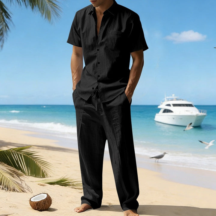 Men's resort-appropriate short-sleeve shirt with chest pocket and casual linen drawstring pants StylebySassy