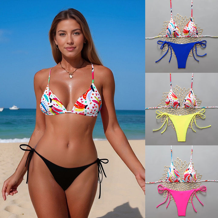 Women's triangle bikini with colorful fruit pattern and adjustable straps StylebySassy