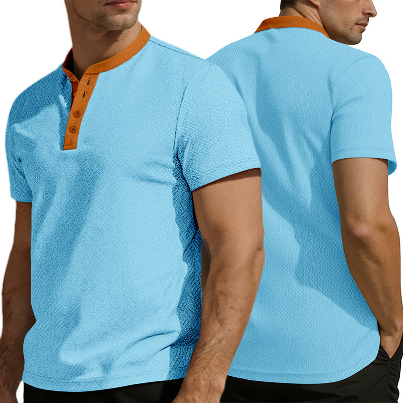 Men's slim short sleeve Henley polo shirt with Mandarin collar and fine jacquard texture StylebySassy