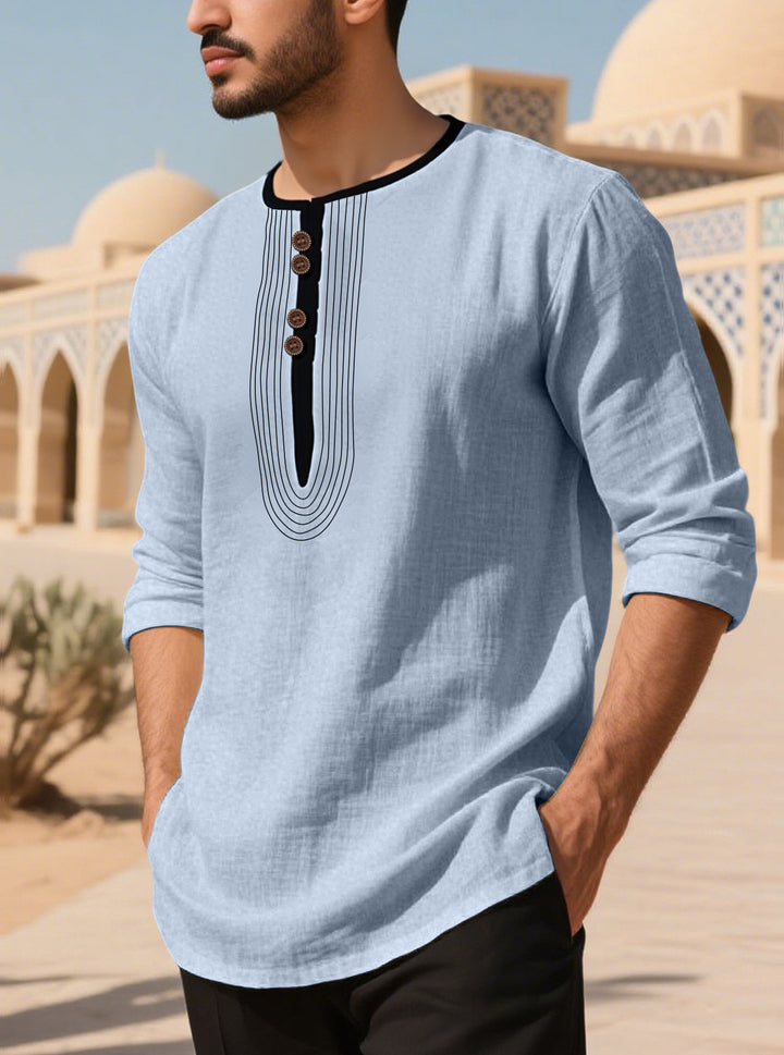 Men's Casual Linen Blend Long Sleeve Shirt with Decorative Button Placket and Decorative Stitching StylebySassy