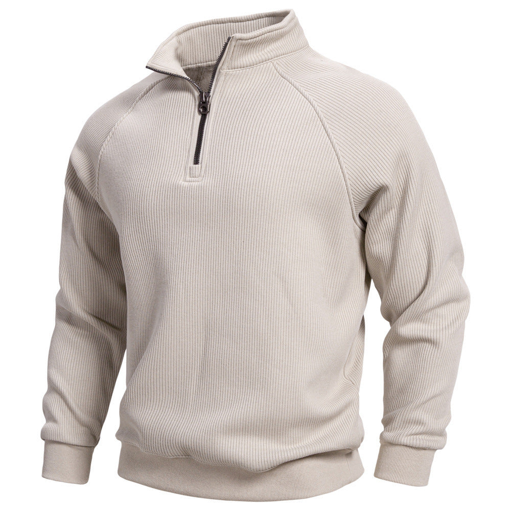 Men's fine ribbed half-zip pullover with stand-up collar, raglan sleeves, and elastic cuffs StylebySassy