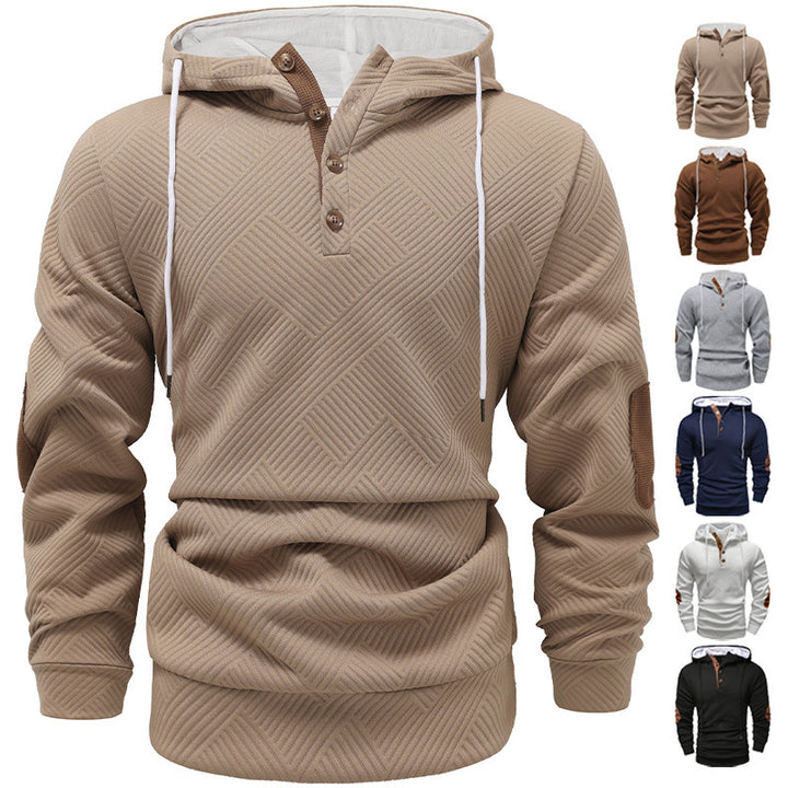 Men's structured hoodie in Henley style with contrast trim and elbow patches StylebySassy