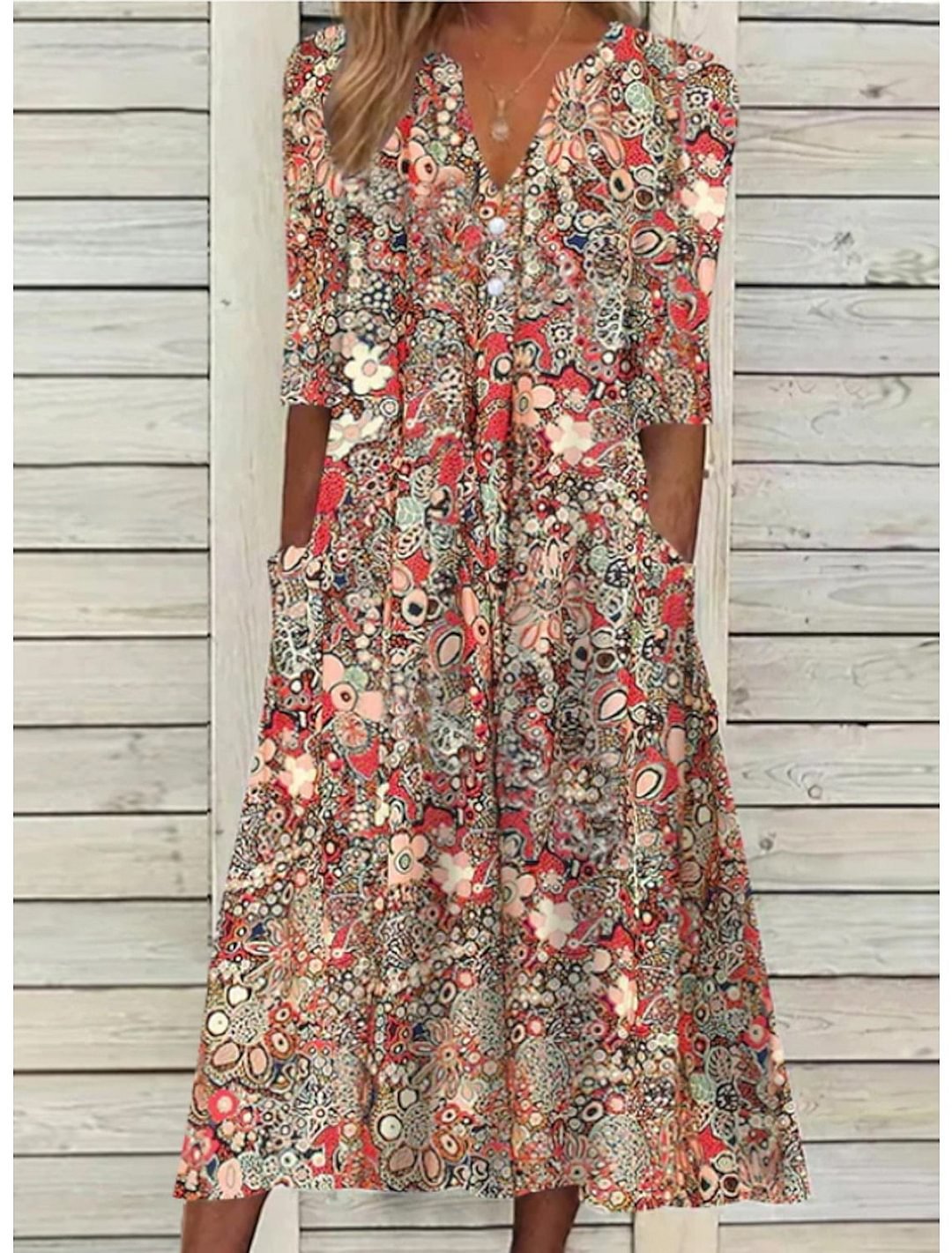 Women's Floral Midi Dress with V-Neck and 3/4 Sleeves