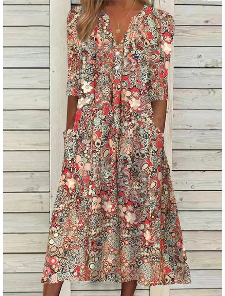 Women's Floral Midi Dress with V-Neck and 3/4 Sleeves