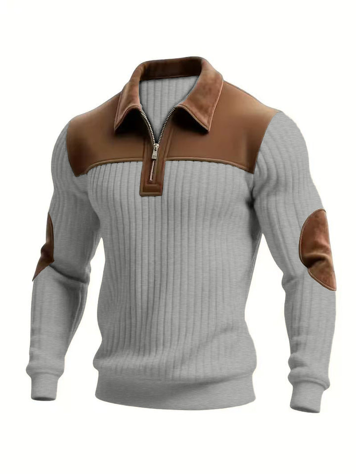 Men's ribbed half-zip pullover with contrasting leather appliqués on shoulders and elbows StylebySassy