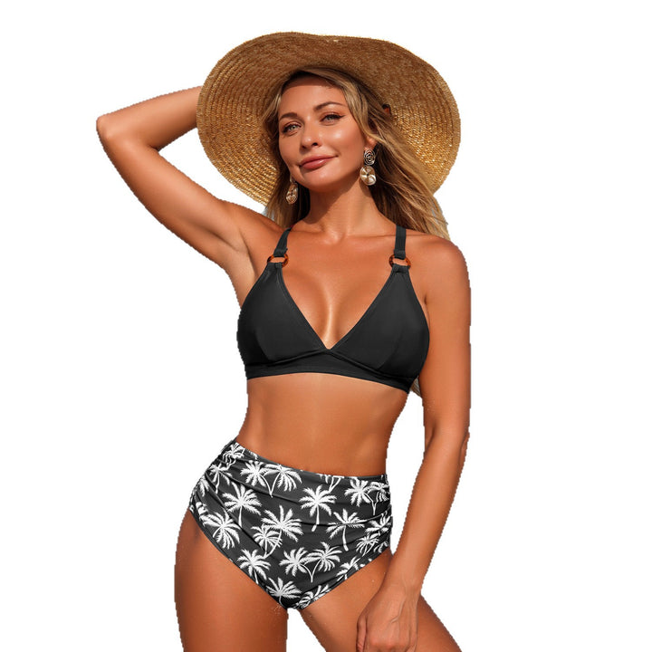 Women's High-Waisted Bikini Set with Adjustable Straps and Fashionable Palm Pattern StylebySassy