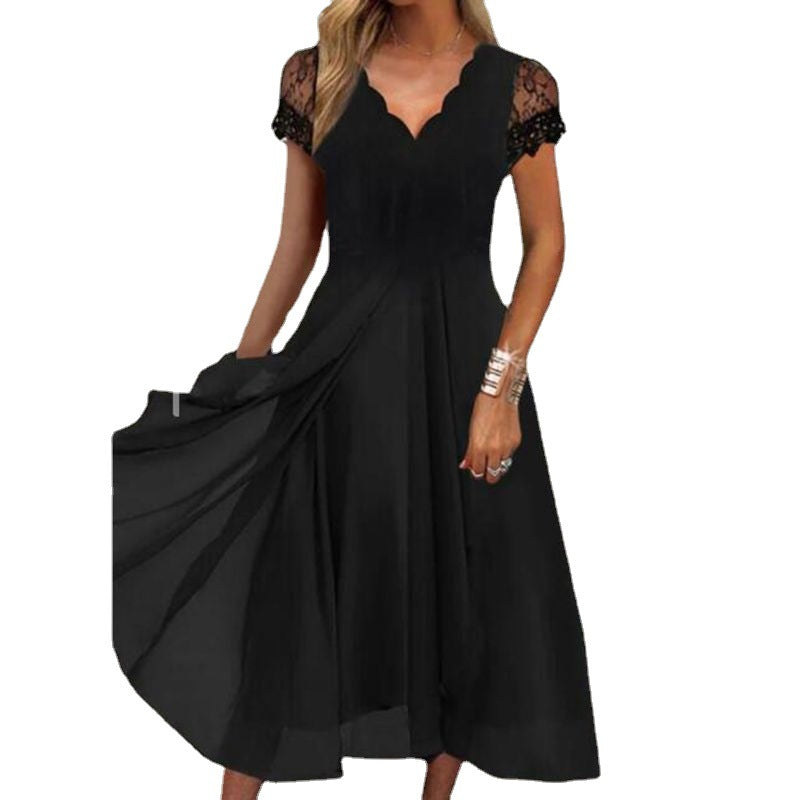 Ladies flowing midi dress with curved V-neck, fitted A-line silhouette, and delicate lace sleeves StylebySassy
