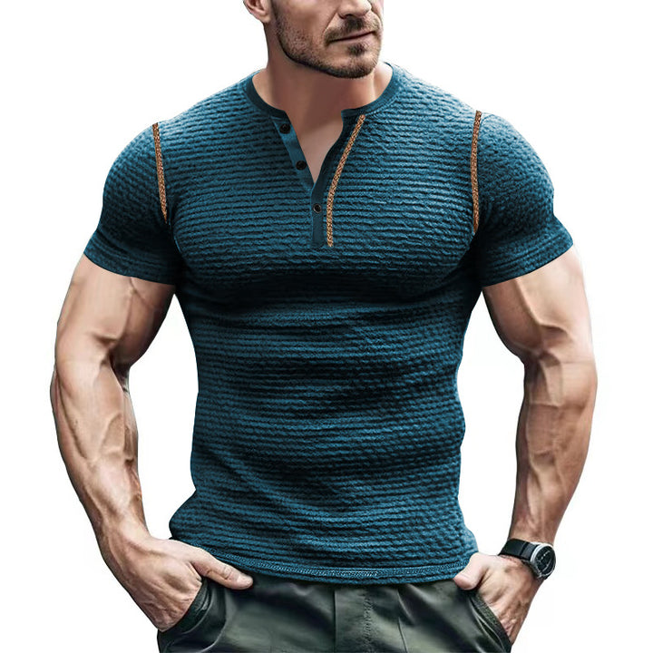 Men's body-hugging structured short-sleeve Henley with contrasting shoulder piping StylebySassy