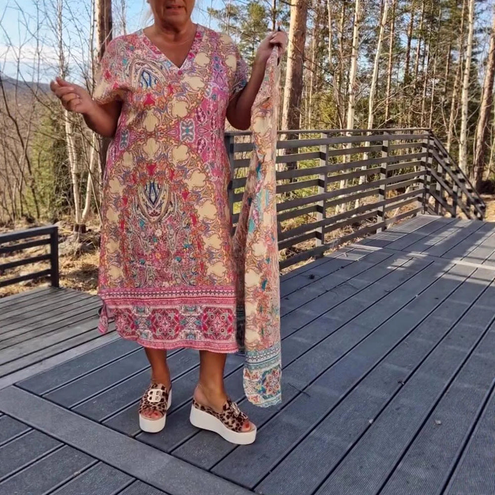 Women's flowing midi dress in tunic-kaftan mix with V-neck, short sleeves, loose fit, and matching pareo StylebySassy