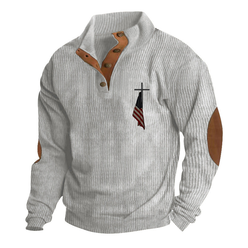 Men's structured troyer with faux leather elbow patches, V-button placket, and discreet emblem StylebySassy