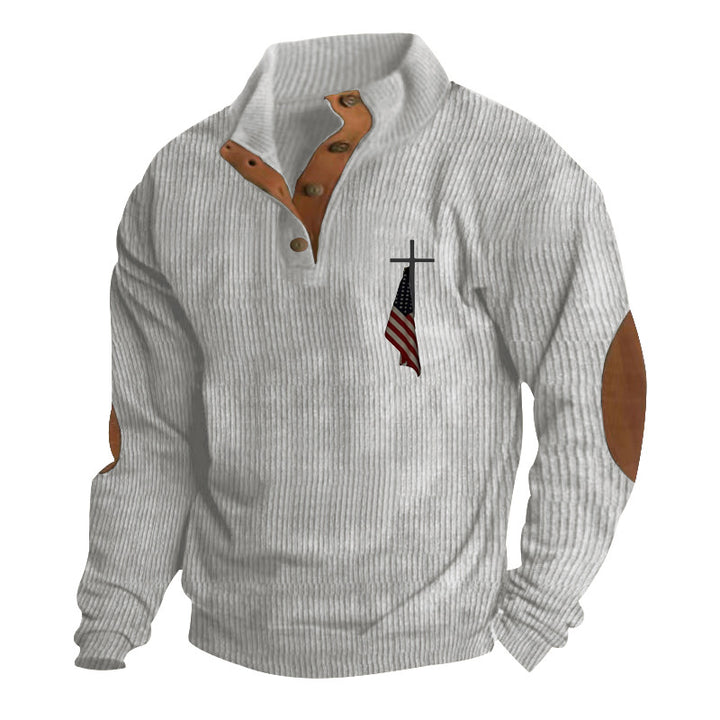 Men's structured troyer with faux leather elbow patches, V-button placket, and discreet emblem StylebySassy