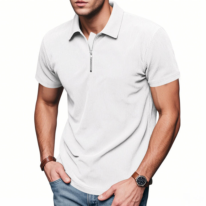 Men's short-sleeved polo with a short zipper at the collar and fine ribbed texture StylebySassy