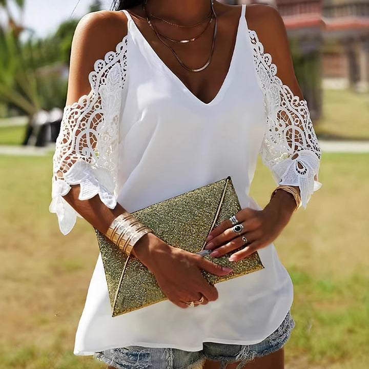 Women's off-the-shoulder spaghetti strap top with crocheted lace sleeves and V-neck StylebySassy