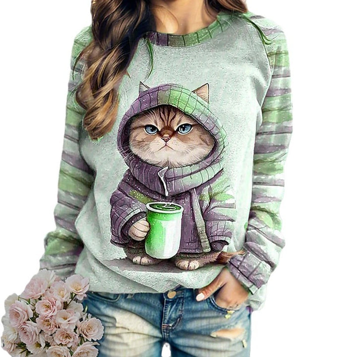 Women's casual sweatshirt with large kitten front print and striped raglan sleeves StylebySassy
