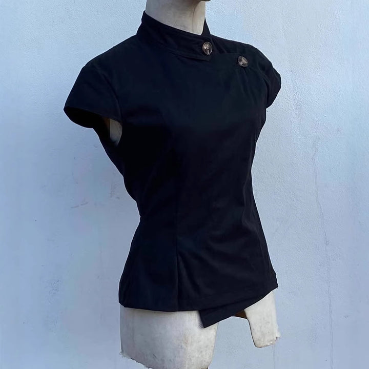 Women’s Fashion Short Sleeve Shirt with Stand-Up Collar and Subtle Button Details StylebySassy