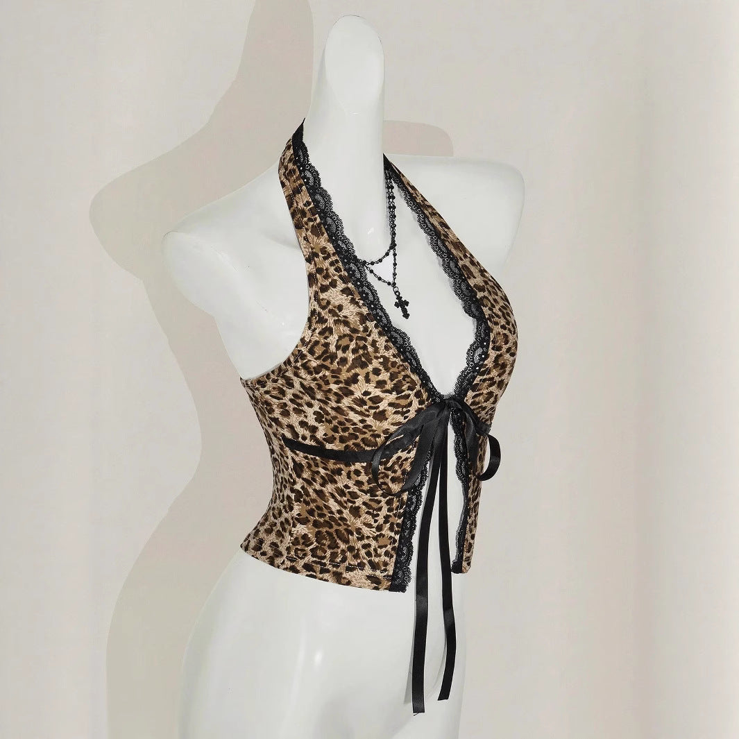 Women's halter top with lace embellishments and leopard pattern StylebySassy