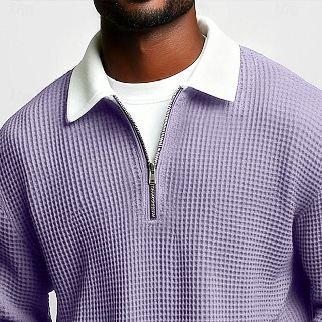 Men's structured waffle knit pullover with polo collar and short zipper StylebySassy