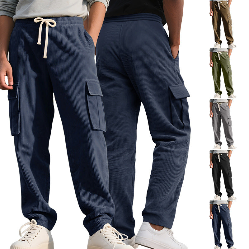 Men's casual utility cargo joggers with vertical ribbed structure, drawstring waistband, and large flap pockets StylebySassy