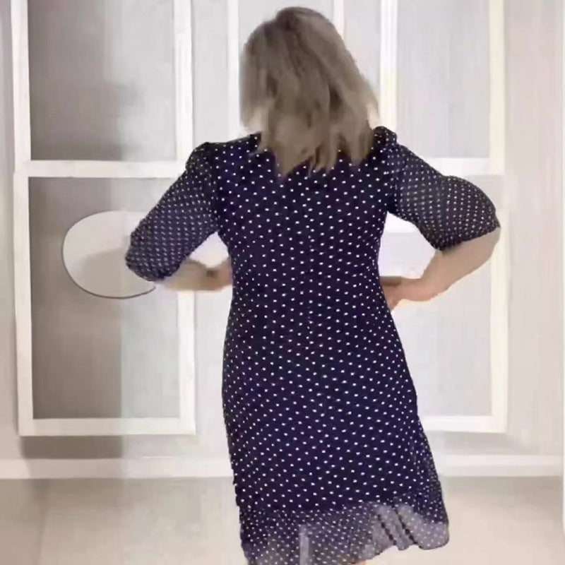 Women's Chiffon Midi Dress with Polka Dot Pattern, Half-Length Puff Sleeves, Side Floral Embroidery, and Gathered Ruffled Hem StylebySassy