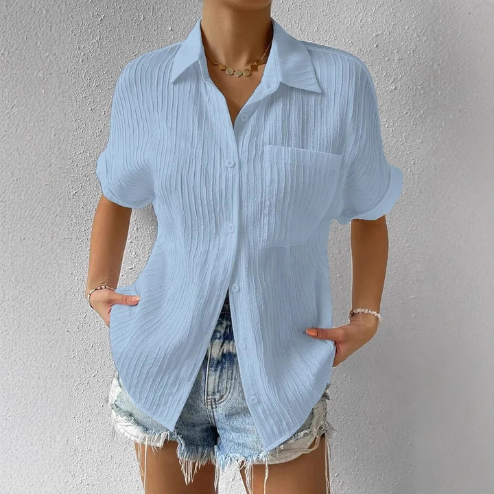 Women's crinkle effect shirt blouse with breast pocket, rolled sleeves and loose fit StylebySassy