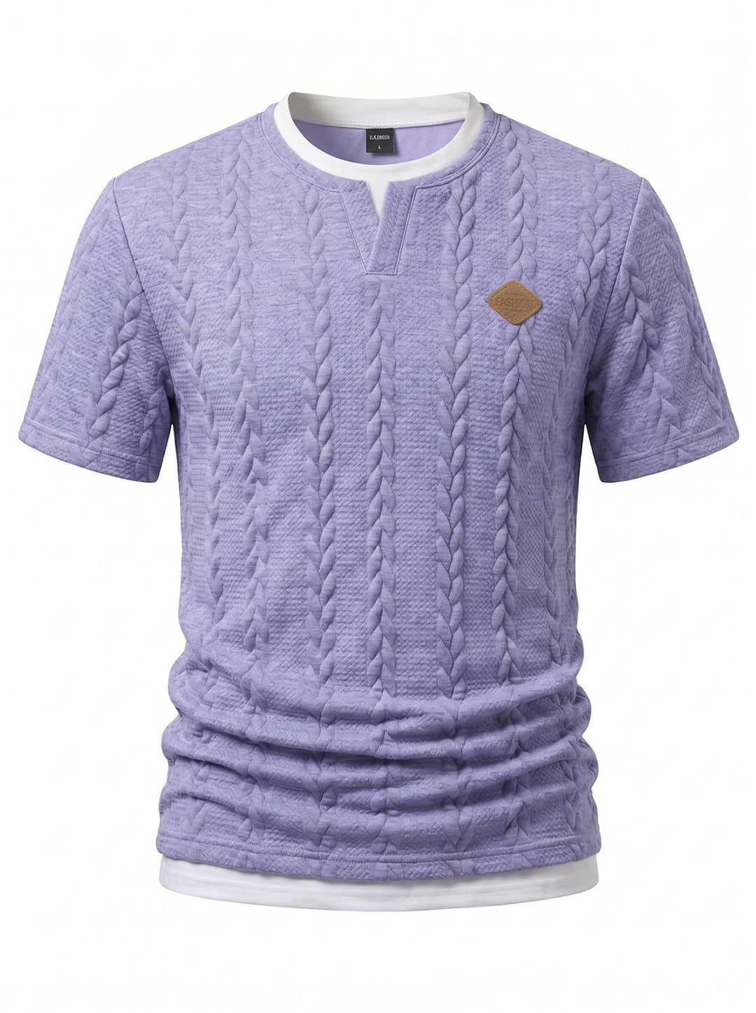 Men's textured short-sleeve shirt with embossed braid structure, V-insert at the round neck and layered look StylebySassy