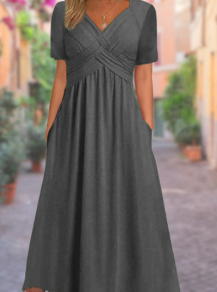 Women’s maxi dress short sleeve with crossover top and side pockets StylebySassy
